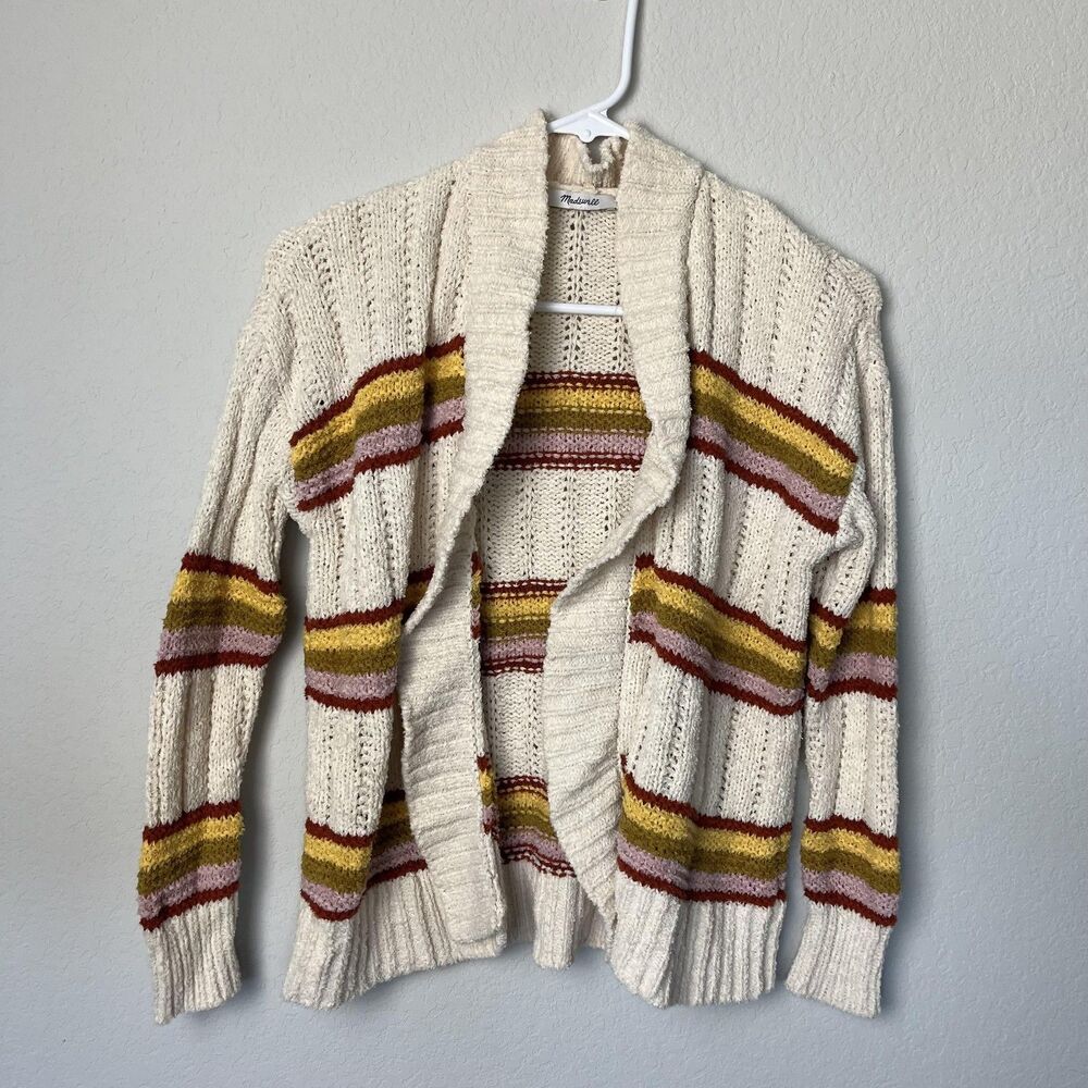Madewell Sweater Womens XXS Cream Multi Stripe Open Front‎ Chunky Knit Cardigan